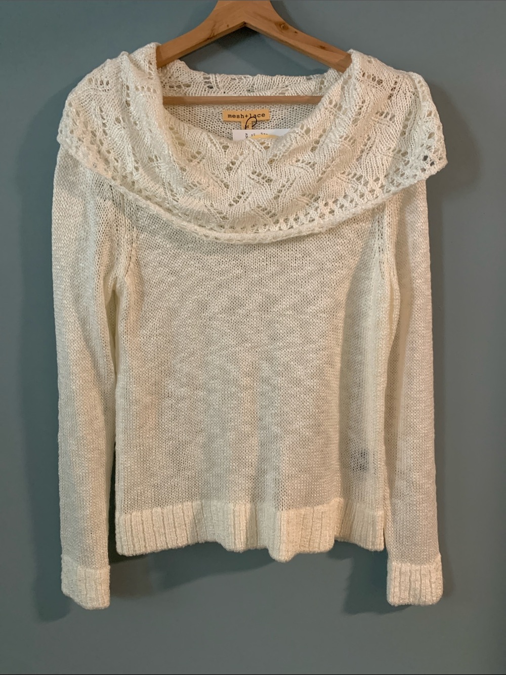 Mesh & Lace White Cowl Neck Sweater NWT